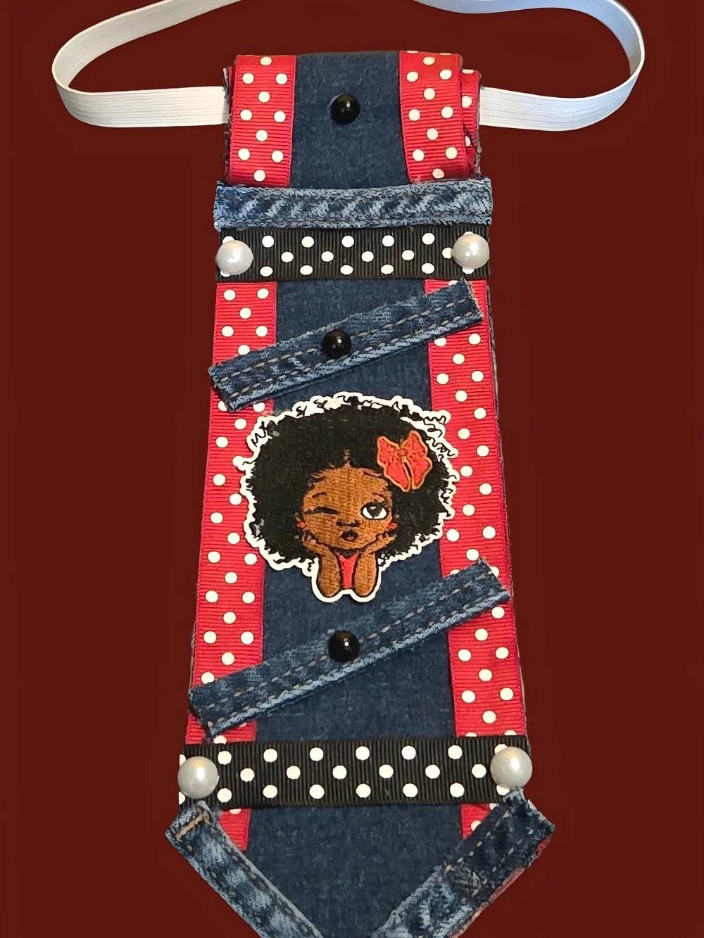 Red Polka Dot Upcycled Denim Kids Tie with Playful Character Patch